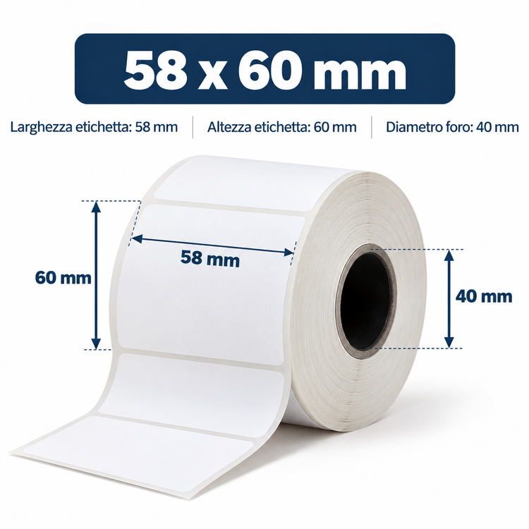 Rotolo etichette 58 x 60 mm, foro 40 mm
