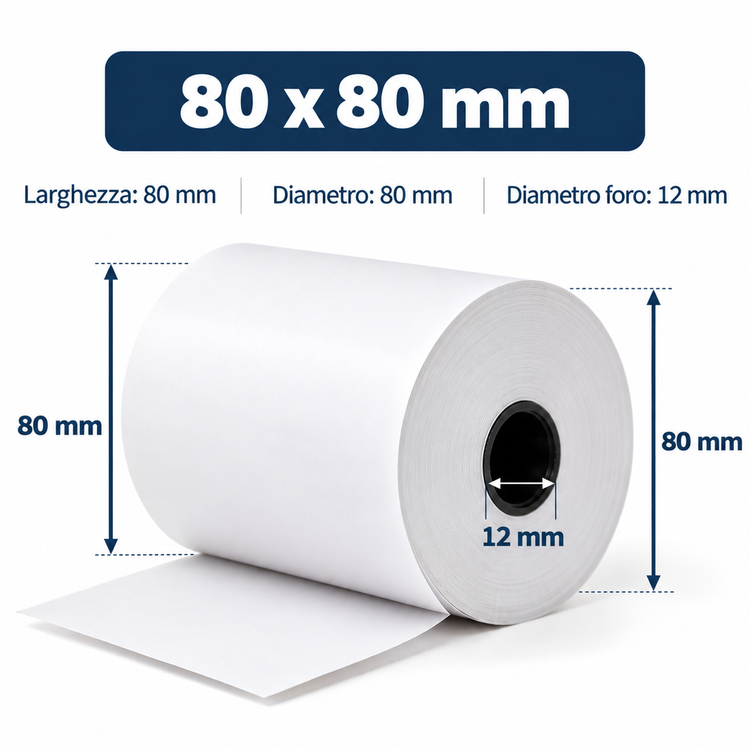 Rotolo termico 80 x 80 mm, foro 12 mm